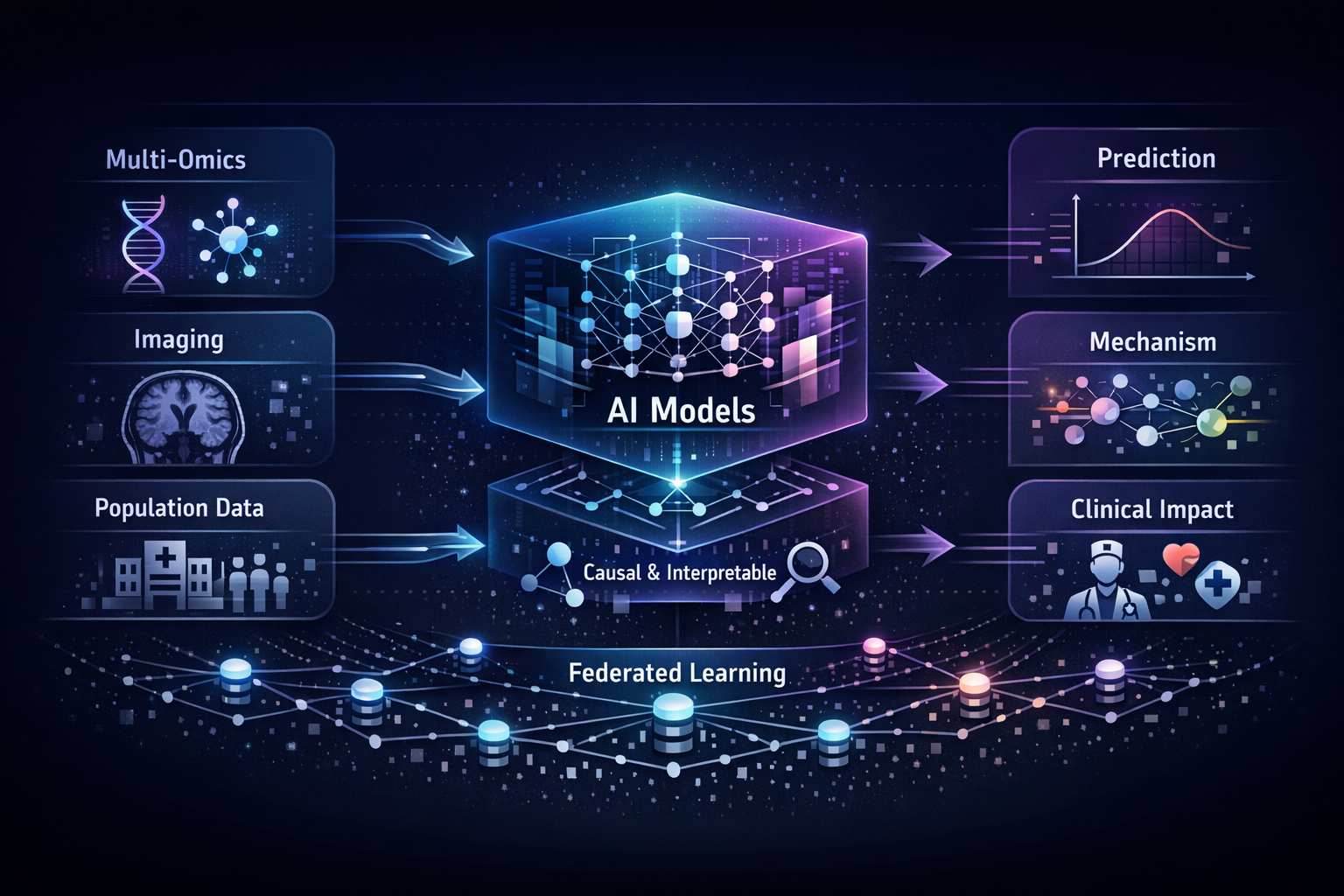 Research program diagram: multi-omics, imaging, and population data flow into interpretable AI models; outputs include prediction, biological mechanism, and clinical impact; federated learning underpins scalable collaboration.